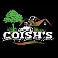 Coish's logo: green tree, house roof and push mower on black